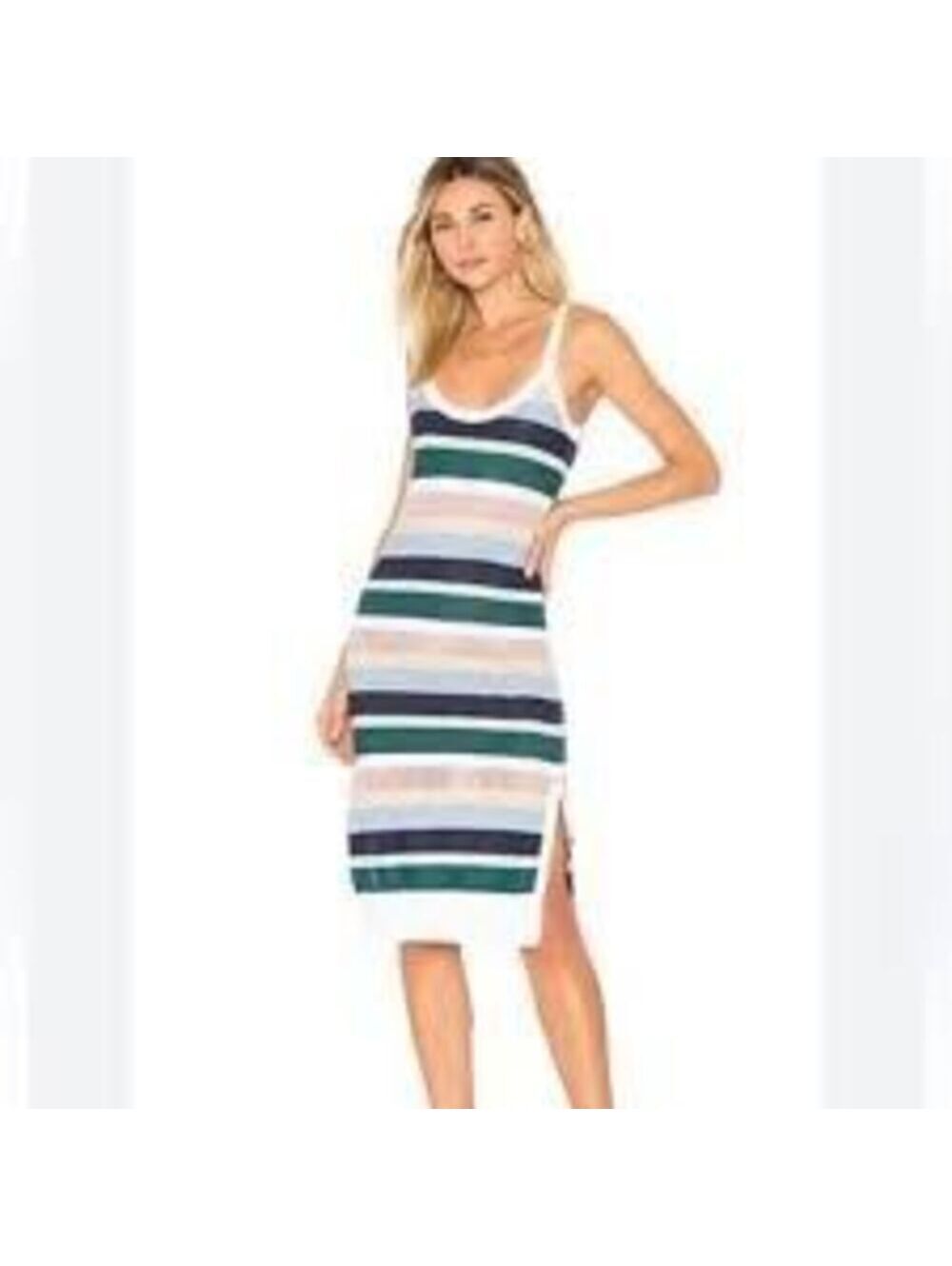 SUBOO Womens Medium Striped Knit Midi Dress Side Slit Metallic Yarn Bodycon Med.